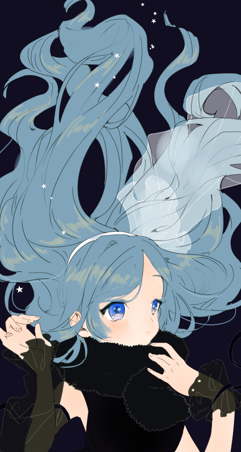 1girl, black_background, black_collar, black_dress, blue_eyes, blue_hair, collar, dress