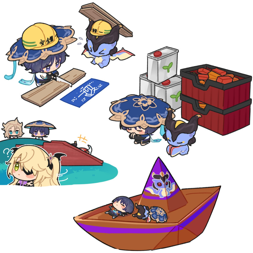 >_<, 2boys, 2girls, albedo_(genshin_impact), bat_hair_ornament, black_dress, black_eyes, black_hair