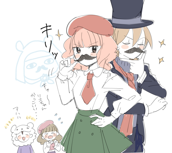 >_<, 2boys, 2girls, beret, black_hat, fake_facial_hair, fake_mustache, green_skirt