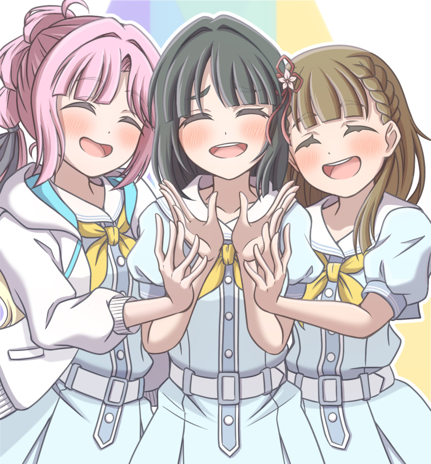 3girls, ^_^, ahoge, anyoji_hime, black_hair, black_ribbon, blonde_hair, blue_background, blue_dress, blunt_bangs, blunt_ends, blush, braid, breast_pocket, brown_hair, center-flap_bangs, closed_eyes, commentary_request, dress, facing_viewer, flower, flower_knot, ganbarai, gradient_hair, green_background, hair_flower, hair_ornament, hair_ribbon, hasu_no_sora_school_uniform, highres, hood, hooded_jacket, jacket, kachimachi_kosuzu, link!_like!_love_live!, long_hair, love_live!, momose_ginko, multi-tied_hair, multicolored_background, multicolored_hair, multiple_girls, neckerchief, open_clothes, open_jacket, open_mouth, outline, pink_hair, pleated_dress, pocket, ponytail, puffy_short_sleeves, puffy_sleeves, purple_background, ribbon, sailor_collar, sailor_dress, school_uniform, short_hair, short_sleeves, side_ahoge, side_braids, sidelocks, smile, straight_hair, summer_uniform, swept_bangs, upper_body, virtual_youtuber, white_background, white_jacket, white_outline, white_sailor_collar, yellow_background, yellow_neckerchief