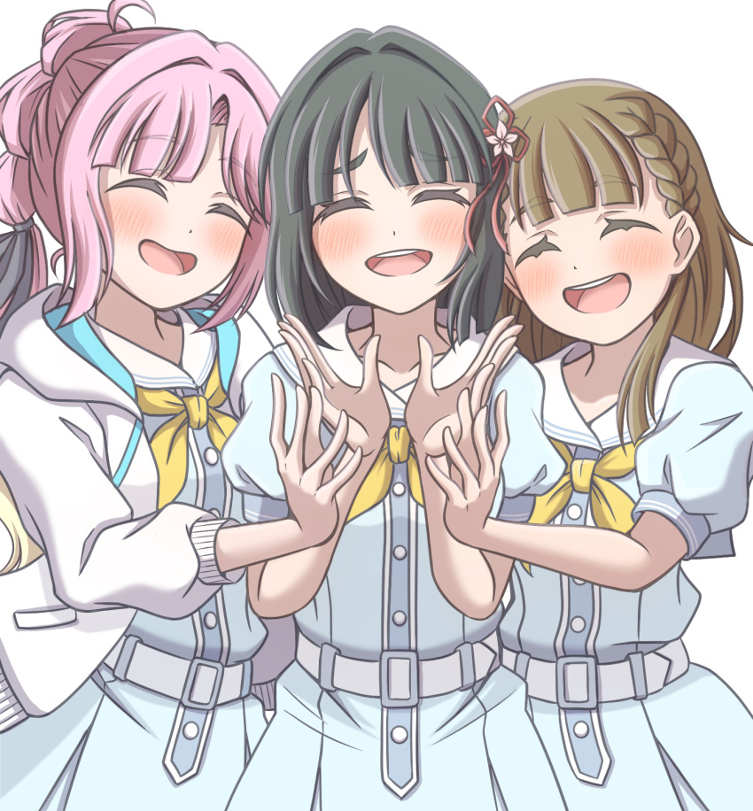 3girls, ^_^, ahoge, anyoji_hime, black_hair, black_ribbon, blonde_hair, blue_dress, blunt_bangs, blunt_ends, blush, braid, breast_pocket, brown_hair, center-flap_bangs, closed_eyes, commentary_request, dress, facing_viewer, flower, flower_knot, ganbarai, gradient_hair, hair_flower, hair_ornament, hair_ribbon, hasu_no_sora_school_uniform, highres, hood, hooded_jacket, jacket, kachimachi_kosuzu, link!_like!_love_live!, long_hair, love_live!, momose_ginko, multi-tied_hair, multicolored_hair, multiple_girls, neckerchief, open_clothes, open_jacket, open_mouth, pink_hair, pleated_dress, pocket, ponytail, puffy_short_sleeves, puffy_sleeves, ribbon, sailor_collar, sailor_dress, school_uniform, short_hair, short_sleeves, side_ahoge, side_braids, sidelocks, simple_background, smile, straight_hair, summer_uniform, swept_bangs, upper_body, virtual_youtuber, white_background, white_jacket, white_sailor_collar, yellow_neckerchief