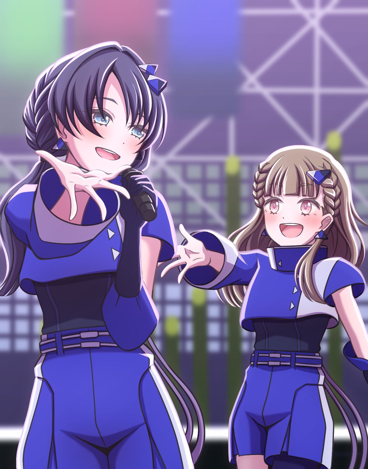 2girls, :d, asymmetrical_legwear, asymmetrical_sleeves, black_bodysuit, black_gloves, blue_eyes, blue_hair