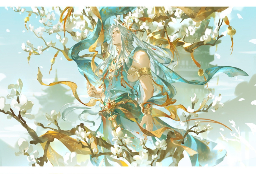 1boy, aqua_sash, aqua_shawl, architecture, arm_at_side, banna_(weibo_6655128937), bell, blue_sky