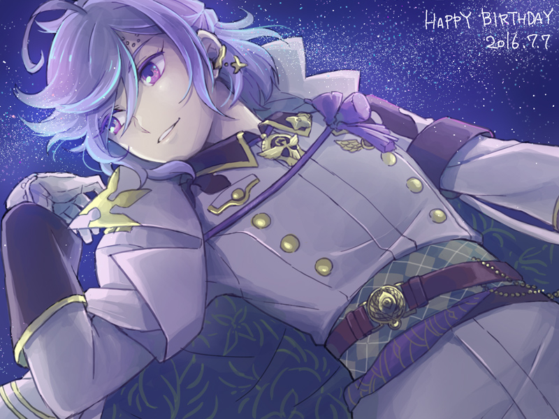 1121japa, 1boy, ahoge, armband, badge, bakumatsu_rock, belt, belt_buckle, blue_cape, bob_cut, brown_belt, buckle, buttons, cape, collared_jacket, double-breasted, earclip, earrings, gloves, green_sash, half_updo, hand_up, happy_birthday, jacket, jewelry, looking_to_the_side, lying, male_focus, military_uniform, obi, obiage, okita_souji_(bakumatsu_rock), on_back, parted_lips, patterned_clothing, purple_hair, sash, sky, sleeve_cuffs, smile, solo, star_(sky), starry_sky, swept_bangs, tassel, two-sided_cape, two-sided_fabric, uniform, upper_body, violet_eyes, wavy_hair, white_cape, white_gloves, white_jacket