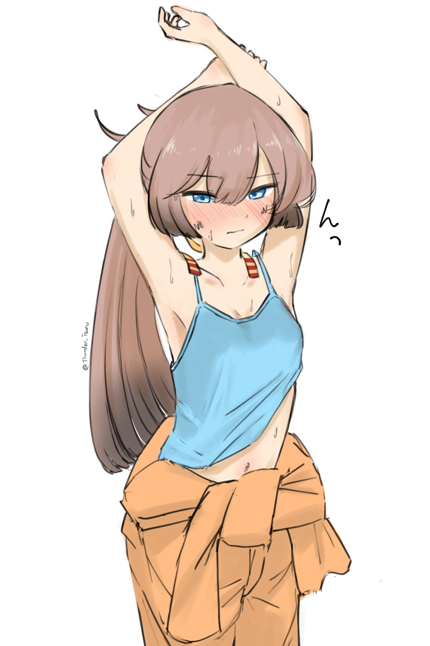 1girl, absurdres, armpits, arms_up, blue_camisole, blue_eyes, brown_hair, camisole
