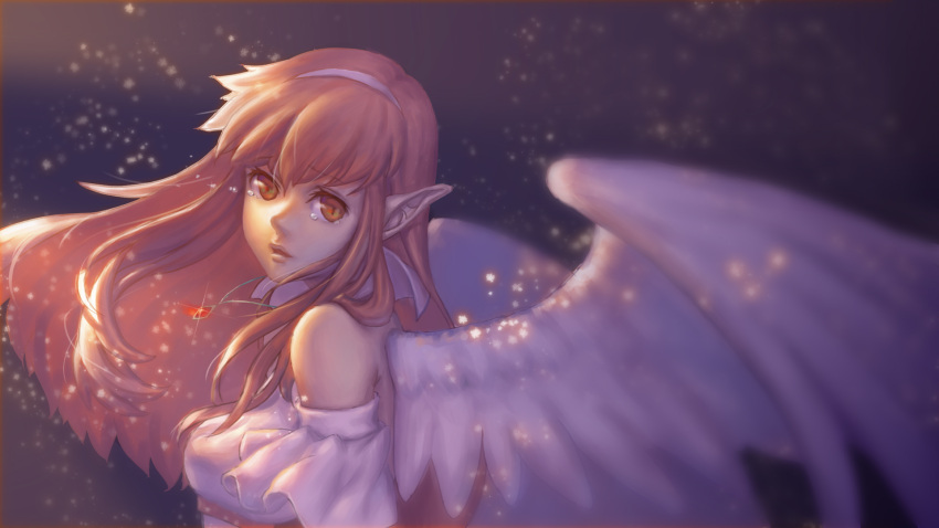 1girl, angel, angel_wings, bare_shoulders, black_background, brown_eyes, commentary_request, cropped_torso