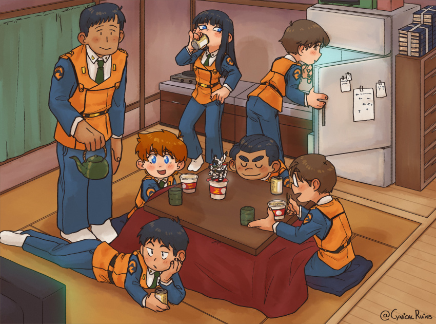3girls, 4boys, absurdres, aurora_(cynicalruins), av-98_ingram, blue_eyes, character_request, drinking