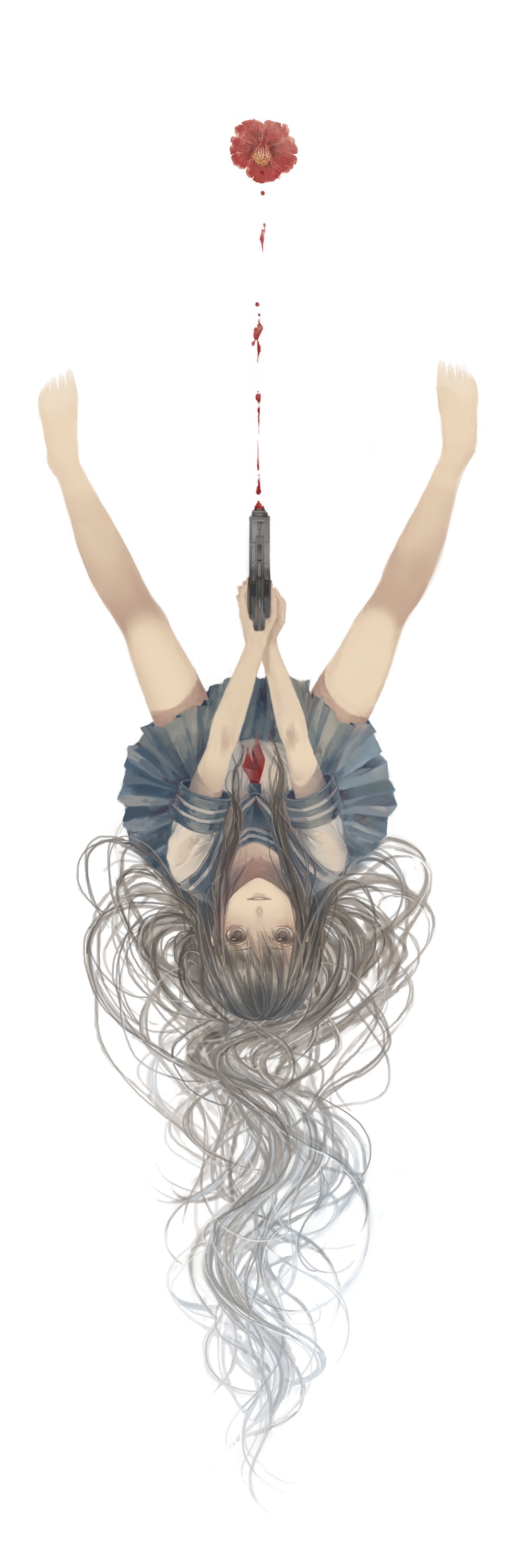 barefoot, brown_eyes, brown_hair, ena1215, feet, flower, gun, high_res
