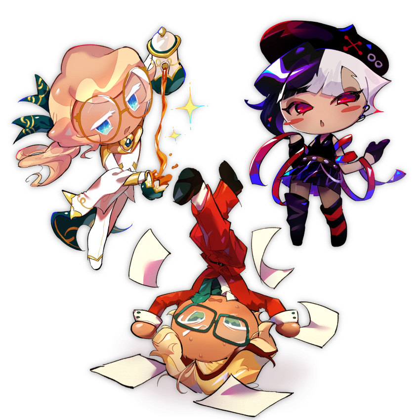 1girl, 2boys, akibevillage, asymmetrical_hair, asymmetrical_legwear, beret, black_hair, black_hat