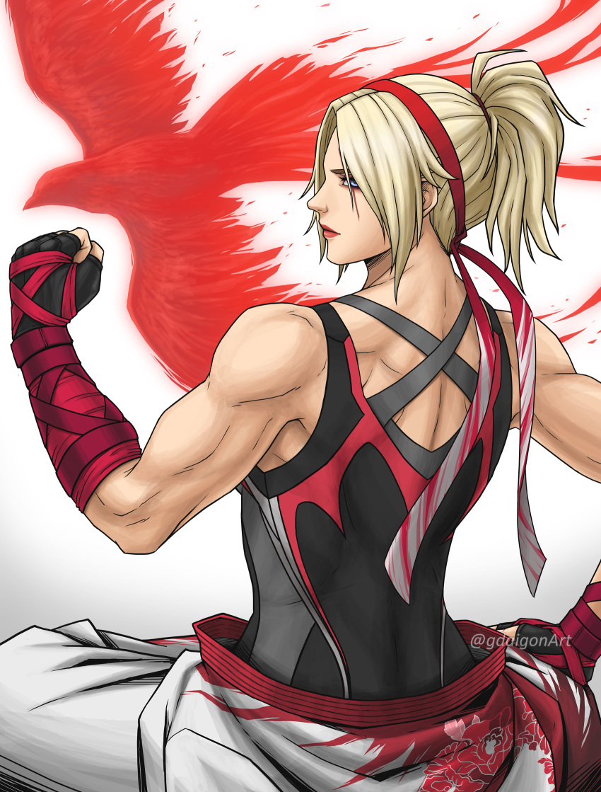 1girl, back_turned, bird, black_gloves, black_tank_top, blonde_hair, blue_eyes, clothes_around_waist