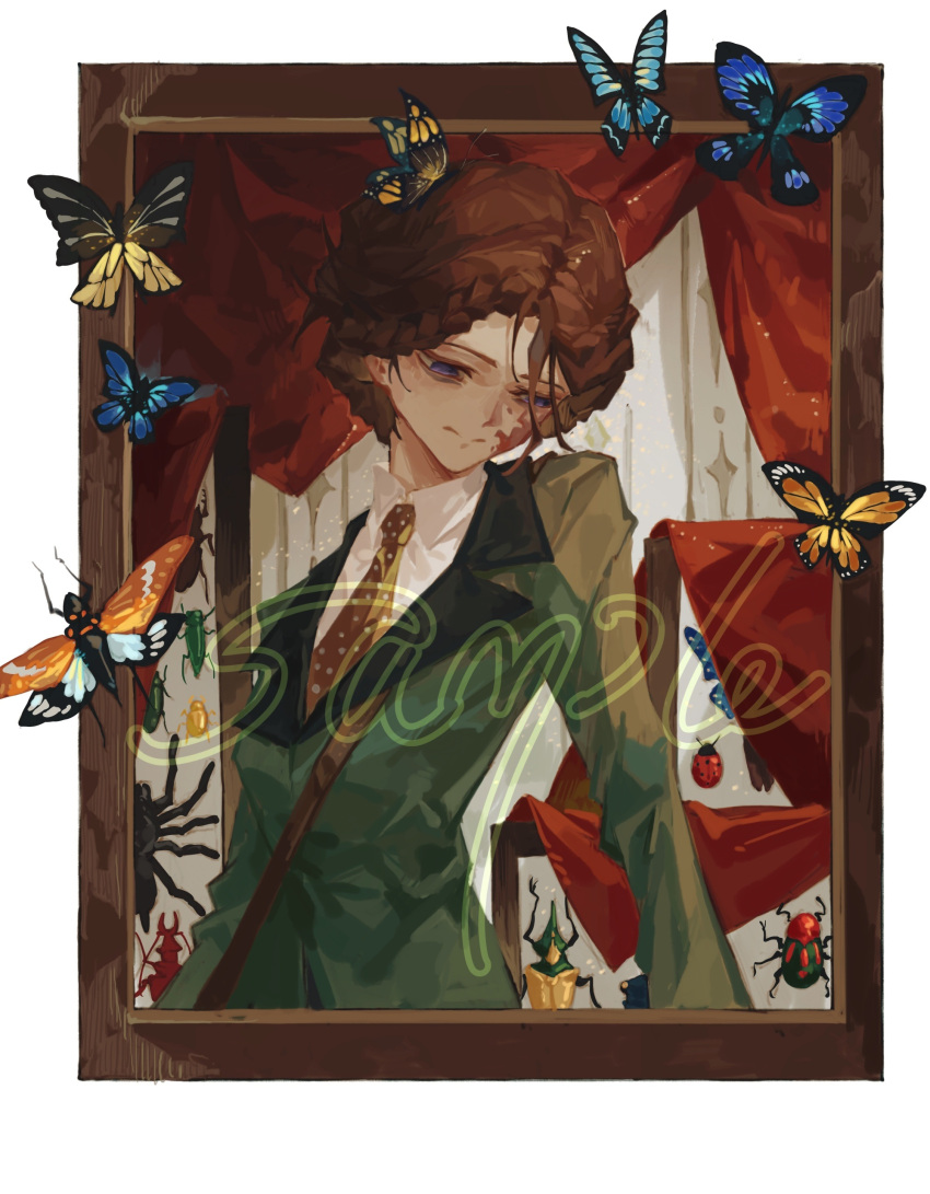 1boy, absurdres, bag, bags_under_eyes, beetle, blazer, blood, blood_on_face