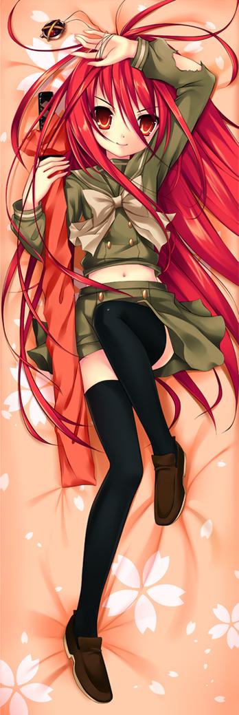 blush, kugimiya_rie, long_hair, lying, red_eyes, red_hair, redhead, school_uniform