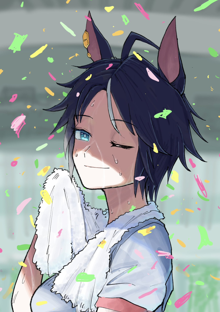 1girl, amik0824, animal_ears, aqua_eyes, black_hair, blurry, blurry_background, breasts