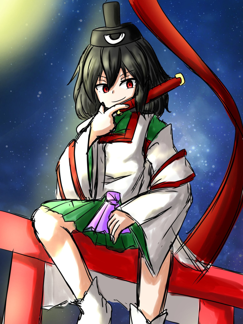 1other, androgynous, arde_(len'en), bare_legs, black_hair, black_hat, blue_sky, closed_mouth
