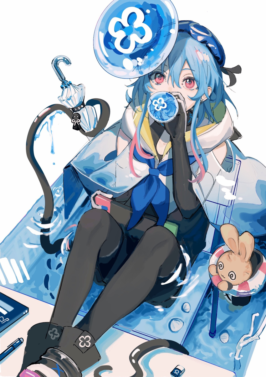 1boy, arknights, bare_shoulders, black_footwear, black_gloves, black_pantyhose, black_tank_top, blowing, blue_hair, blue_neckerchief, blue_shorts, boots, bubble, chinese_commentary, closed_umbrella, clothing_cutout, colored_tips, commentary_request, covered_mouth, denim, denim_shorts, elbow_gloves, eraser, feet_out_of_frame, gloves, highres, holding, hood, hood_down, hooded_poncho, jellyfish, lifebuoy, looking_ahead, male_focus, mizuki_(arknights), multicolored_hair, neckerchief, notepad, pantyhose, partially_submerged, pen, pink_eyes, pink_hair, pool, qtxl1234567890, rabbit, ripples, see-through, short_hair_with_long_locks, shorts, shoulder_cutout, sidelocks, sitting, solo, swim_ring, tank_top, tentacles, umbrella, water, white_background, white_poncho, white_umbrella