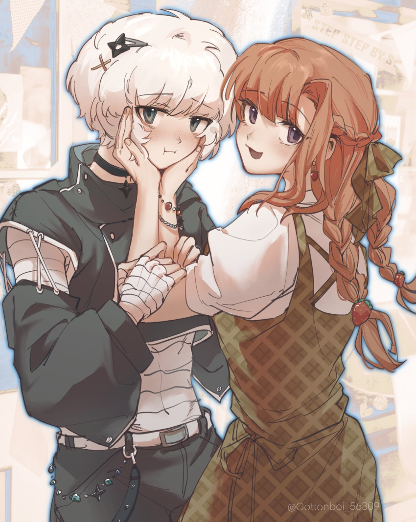 1boy, 1girl, :i, bandaged_arm, bandaged_hand, bandages, black_choker, black_pants, blue_outline, blunt_bangs, blush, bracelet, braid, brown_hair, casual, chidouin_sara, choker, closed_mouth, cowboy_shot, detached_sleeves, dress, earrings, facing_viewer, fingernails, food-themed_earrings, food-themed_hair_ornament, green_dress, green_eyes, green_ribbon, hair_ornament, hair_ribbon, hairclip, half_up_braid, hands_on_another's_arms, hands_on_another's_cheeks, hands_on_another's_face, highres, jewelry, kageyama_ranmaru, kimi_ga_shine, light_blush, long_hair, long_sleeves, looking_at_viewer, looking_back, nose_blush, official_alternate_costume, official_alternate_hairstyle, open_mouth, outline, pants, ribbon, shirt, shirt_under_dress, short_hair, short_sleeves, single_sidelock, star_(symbol), star_choker, strawberry_earrings, strawberry_hair_ornament, supekutoru, twin_braids, violet_eyes, watermark, white_hair, white_shirt, x_hair_ornament