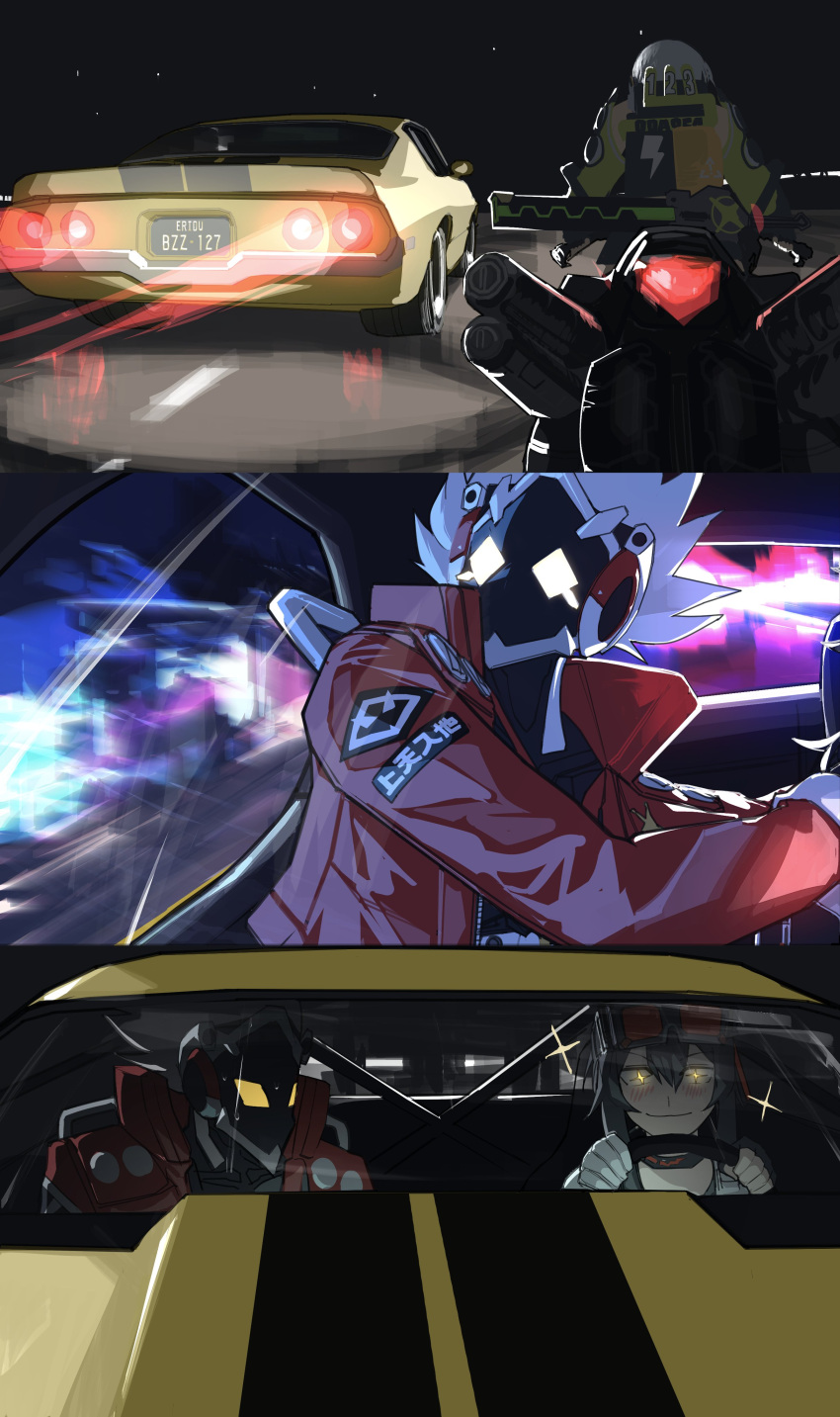 absurdres, anby_demara, billy_kid, bumblebee_(transformers), car, chevrolet_camaro, grace_howard, heartbreak_juan