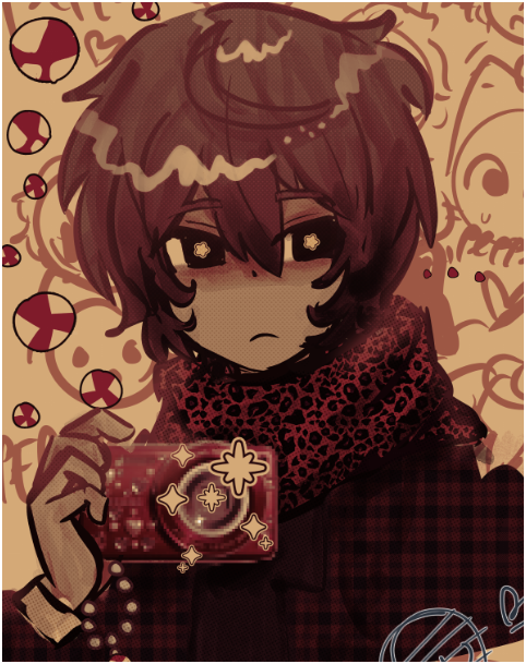 +_+, 1boy, animal_print, blank_stare, brown_eyes, brown_hair, camera, hair_between_eyes, holding, holding_camera, leopard_print, looking_at_viewer, male_focus, non-web_source, pepper(spookycatzzz), peppermint, scarf, short_hair, spookycatzzz