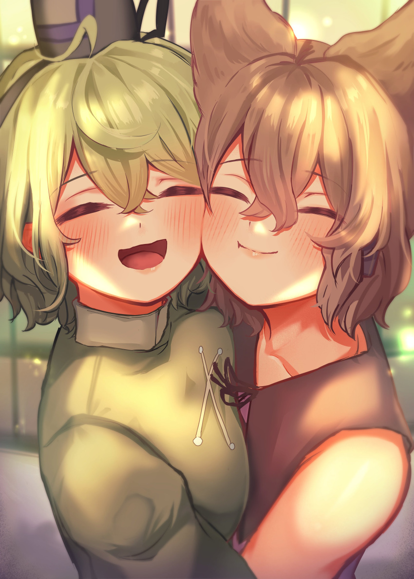 2girls, absurdres, black_hat, blush, breasts, brown_hair, cheek-to-cheek, cheek_press