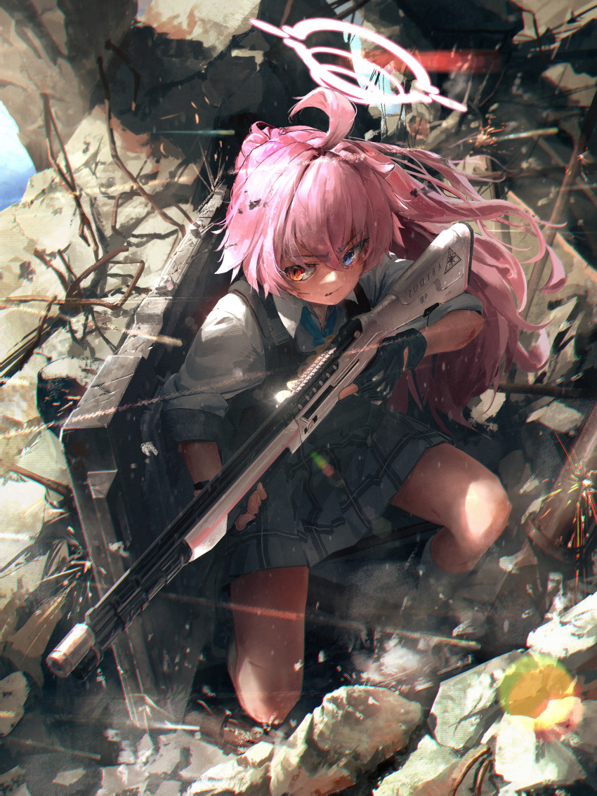 1girl, absurdres, ahoge, beretta_1301, biting_own_lip, black_footwear, black_gloves, black_vest