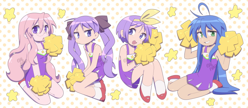 4girls, absurdres, ahoge, artist_name, blue_hair, breasts, cheerleader, commentary
