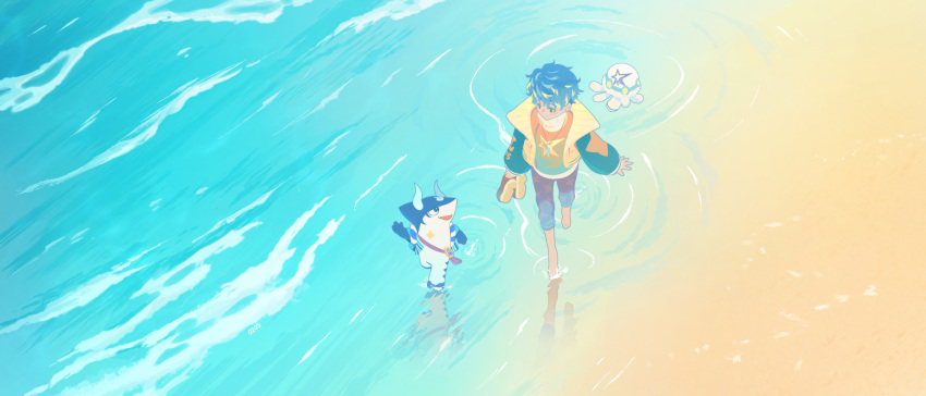 1boy, aqua_eyes, aqua_sleeves, astel_leda, barefoot, beach, blonde_hair, blue_hair