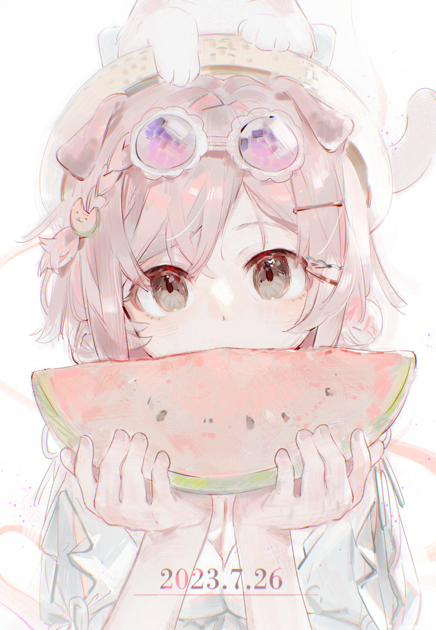 1girl, absurdres, animal_ears, animal_on_head, arknights, braid, brown_eyes, brown_footwear