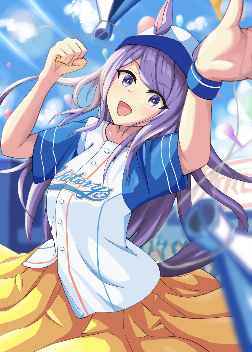 1girl, absurdres, animal_ears, arm_up, baseball_cap, baseball_stadium, blush, breasts