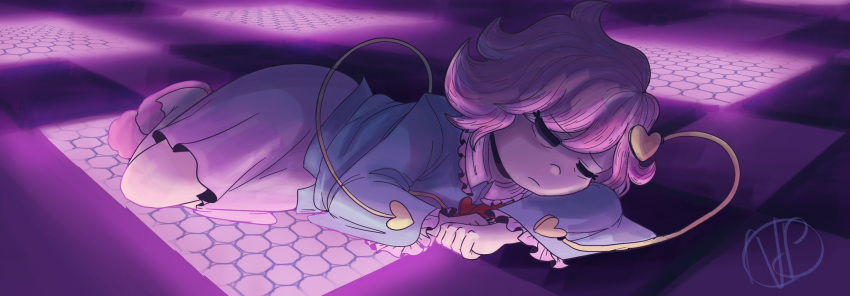 1girl, blue_shirt, checkered_floor, closed_eyes, closed_mouth, commentary, english_commentary, full_body, heart, highres, komeiji_satori, noviaparella, pink_footwear, pink_hair, pink_skirt, shirt, short_hair, signature, skirt, solo, touhou