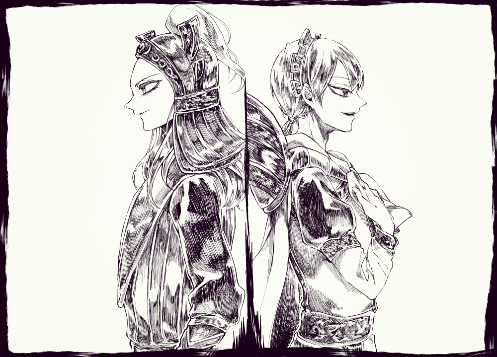 13rk, 2girls, armor, arms_at_sides, back-to-back, character_request, eyelashes, fingernails