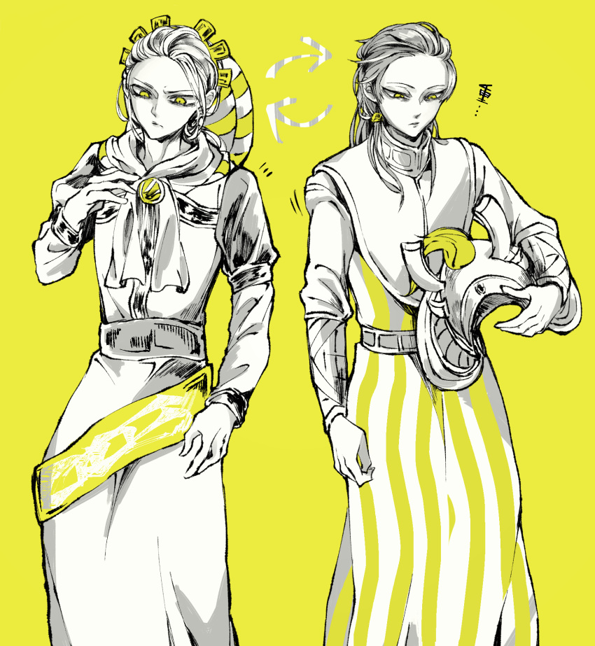 13rk, 2girls, ascot, belt, character_request, closed_eyes, feet_out_of_frame, greyscale