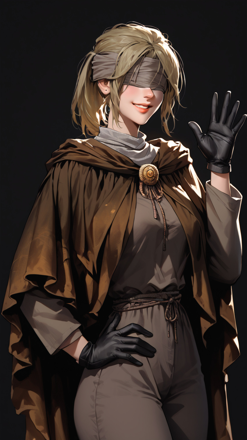 1girl, absurdres, blindfold, blonde_hair, elden_ring, finger_maiden_hyetta, gloves, highres