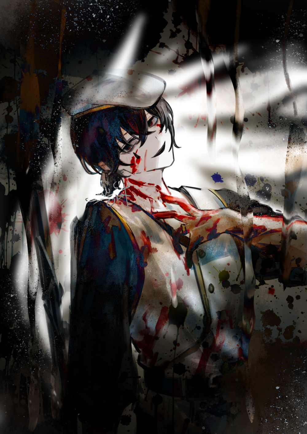 1boy, beret, black_eyes, black_hair, black_shirt, blood, blood_on_clothes, blood_on_face
