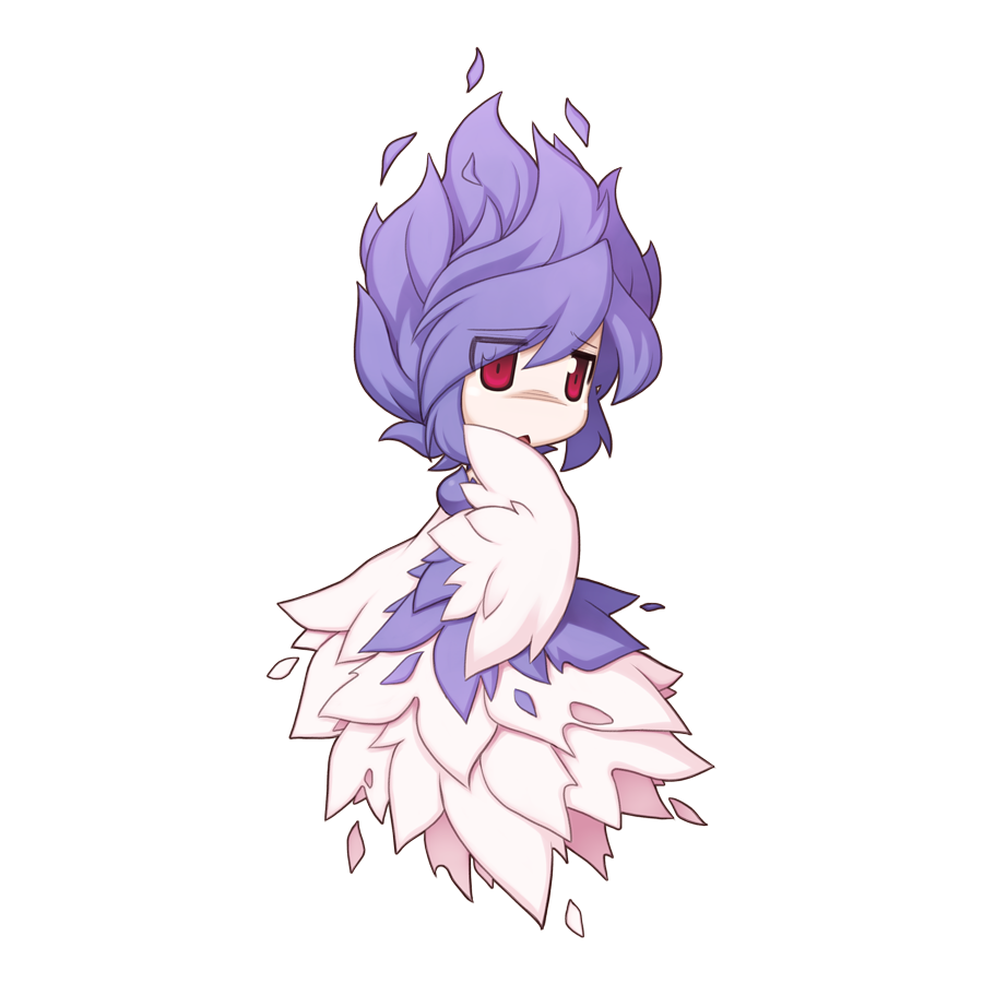 1girl, banshee_(ragnarok_online), chibi, chibi_only, dress, eyes_visible_through_hair, fiery_hair, fire, full_body, ghost_tail, looking_at_viewer, medium_bangs, official_art, open_mouth, purple_fire, purple_hair, ragnarok_online, red_eyes, simple_background, solo, torn_clothes, torn_dress, transparent_background, white_dress, yuichirou
