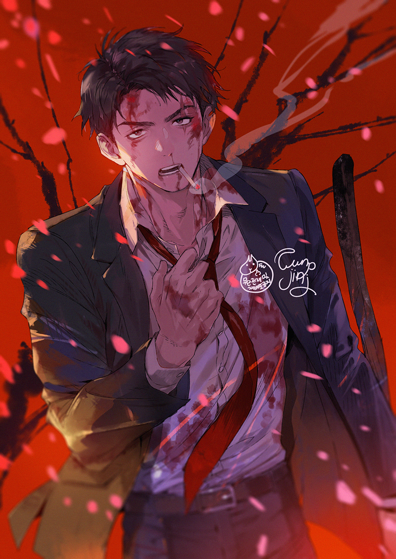 1boy, belt, black_belt, black_hair, black_jacket, black_pants, blood, blood_on_clothes