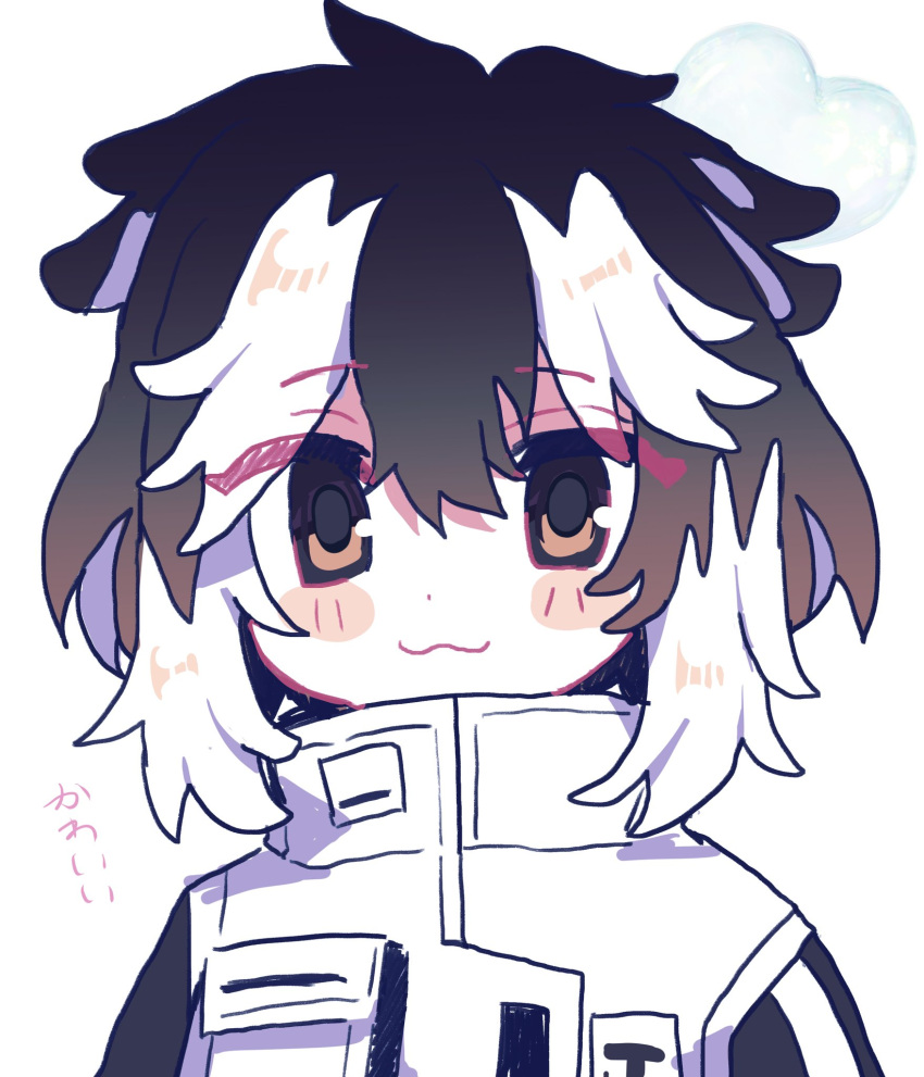 1girl, 9sn6m, :3, animal_ears, black_hair, black_sleeves, blush, closed_mouth, dog_ears, highres, jacket, jang_schna, long_sleeves, looking_at_viewer, medium_hair, project_moon, sidelocks, simple_background, smile, solo, virtual_youtuber, white_background, white_jacket, yellow_eyes