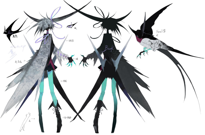 1other, animal_ears, asymmetrical_footwear, bird, black_dress, black_footwear, black_skin, colored_skin