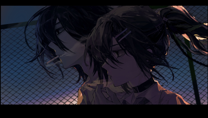 1boy, 1girl, absurdres, belt_collar, black_eyes, black_hair, brown_hair, cigarette