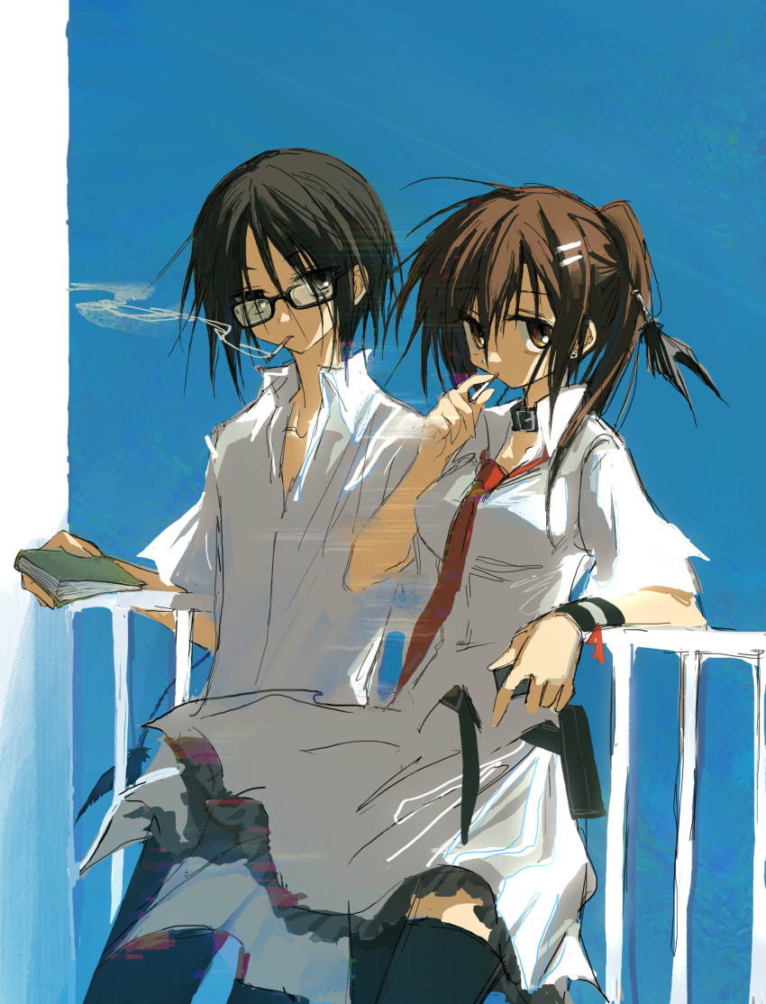 1boy, 1girl, absurdres, arm_support, belt_collar, black-framed_eyewear, black_eyes, black_hair