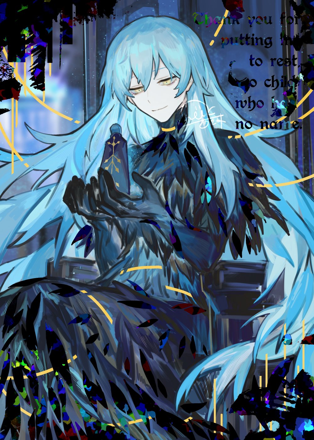 1girl, 1other, angela_(project_moon), black_cape, black_dress, black_gloves, blue_hair, cape, closed_mouth, dress, feather_dress, gloves, hands_up, highres, holding_miniperson, library_of_ruina, long_hair, long_sleeves, looking_down, nishikujic, project_moon, sidelocks, smile, spoilers, the_bookhunter, throne, very_long_hair, yellow_eyes