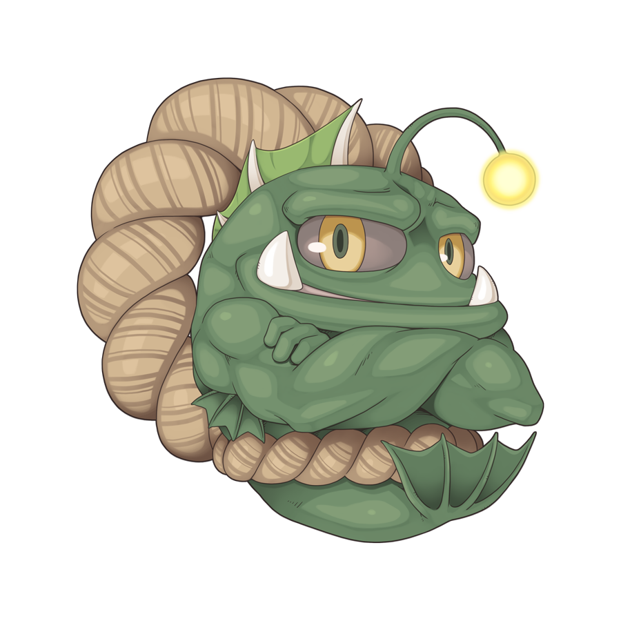 anchor_(ragnarok_online), anglerfish, animal_focus, chibi, chibi_only, closed_mouth, crossed_arms, fish, full_body, grin, looking_at_viewer, no_humans, official_art, ragnarok_online, rope, shimenawa, simple_background, smile, solo, transparent_background, yuichirou