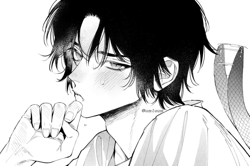 1boy, 88in, adam's_apple, blush, close-up, embarrassed, fang, fingernails