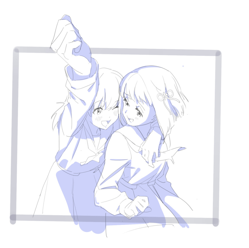2girls, :d, ;d, absurdres, arm_around_neck, blunt_bangs, blunt_ends, blush