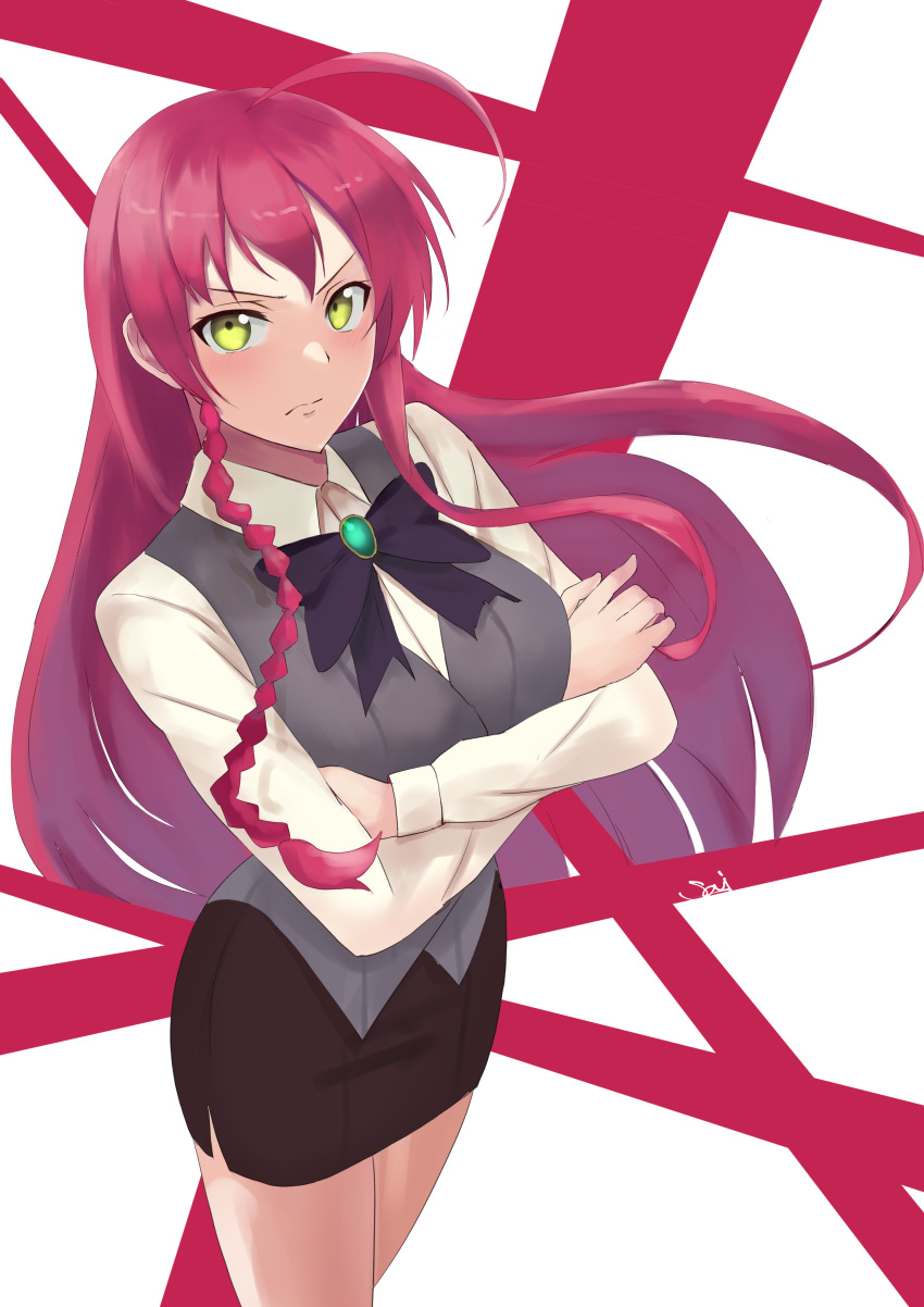 1girl, absurdres, ahoge, black_skirt, braid, breasts, closed_mouth, collared_shirt, commentary_request, crossed_arms, dress_shirt, floating_hair, frown, green_eyes, grey_vest, hataraku_maou-sama!, highres, kasumi_saika, long_hair, long_sleeves, looking_at_viewer, neck_ribbon, red_background, redhead, ribbon, shirt, signature, single_braid, skirt, solo, standing, thighs, vest, white_background, white_shirt, yusa_emi