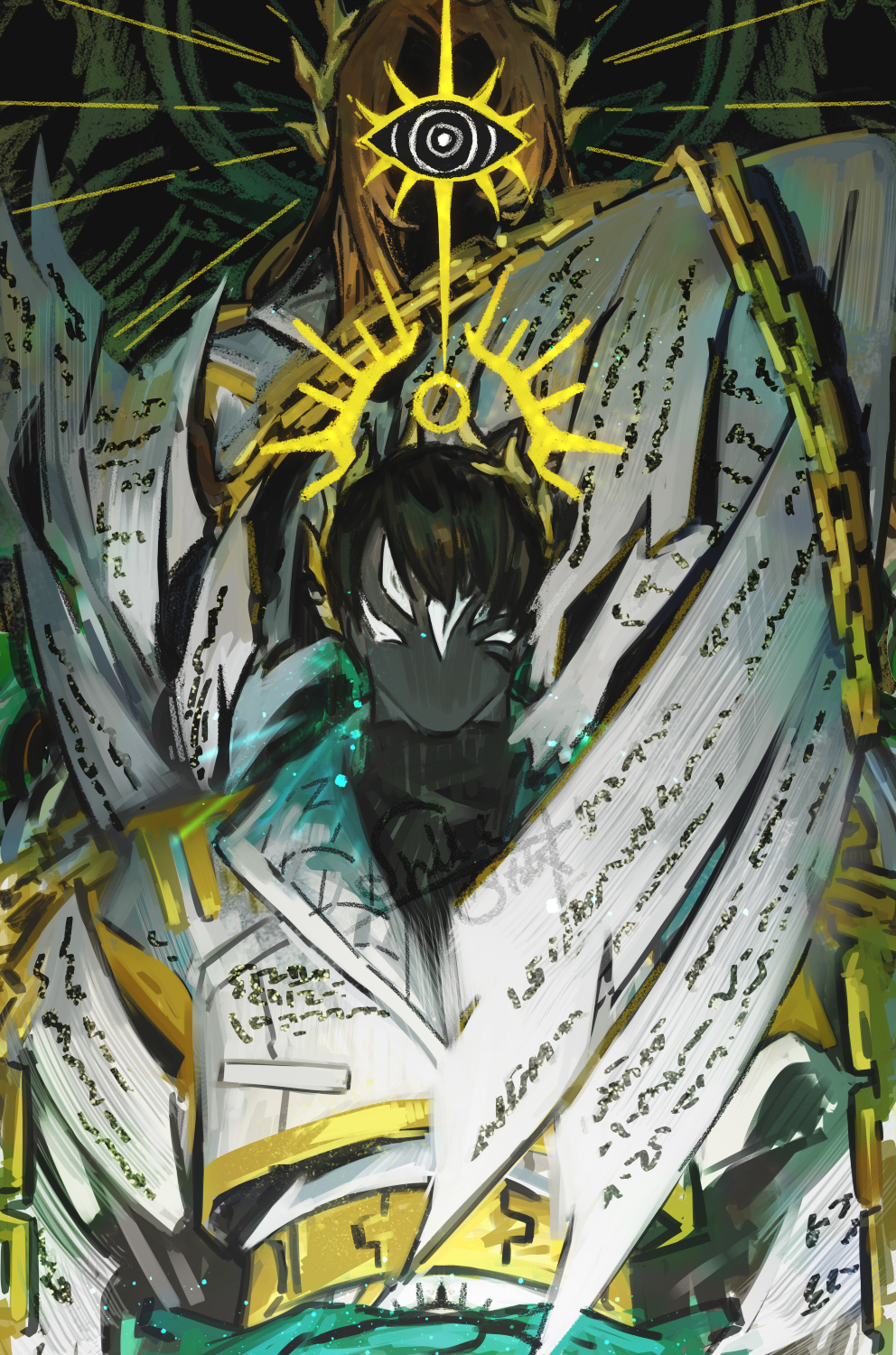 1boy, 1girl, aqua_gloves, belt, black_hair, brown_hair, chain, extra_eyes, facing_viewer, gloves, halo, heavenly_executor's_scribe, highres, laurels, limbus_company, long_hair, meursault_(project_moon), nishikujic, one-eyed, paper, parted_bangs, project_moon, pursuance_(e.g.o), rodion_(project_moon), very_long_hair, white_wings, wings, yellow_belt