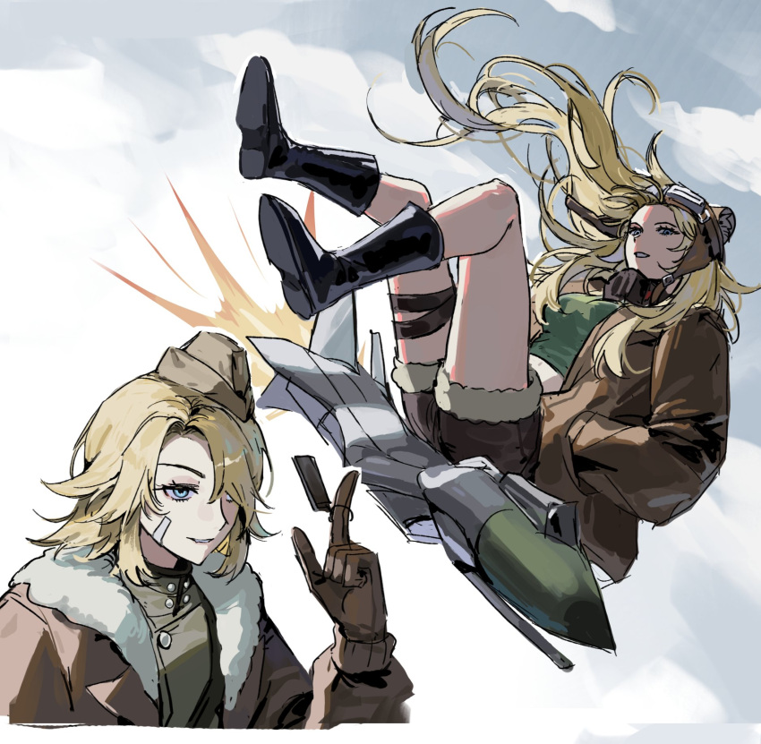 1girl, animal_ear_headwear, aviator_cap, black_footwear, blonde_hair, blue_eyes, blue_sky, boots