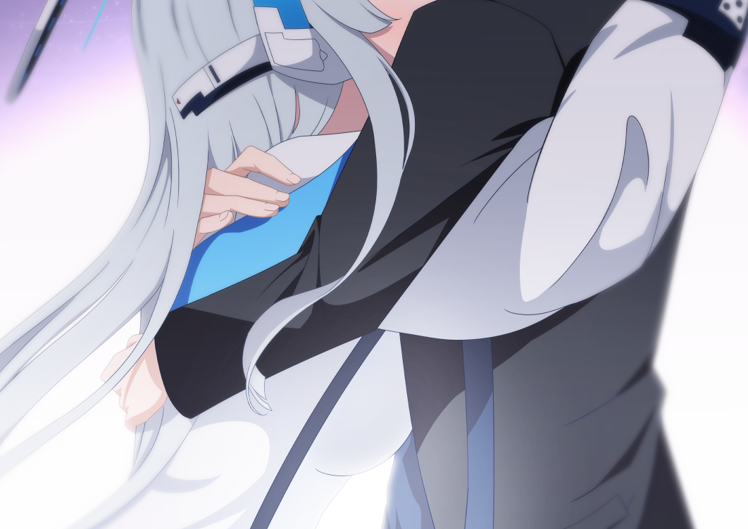 1girl, 1other, black_jacket, blue_archive, from_side, grey_hair, grey_halo, halo
