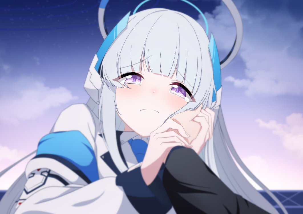 1girl, 1other, blue_archive, blue_necktie, blush, clouds, cloudy_sky, collared_shirt, frown, grey_hair, grey_halo, hair_ornament, halo, hand_on_another's_cheek, hand_on_another's_face, holding_another's_arm, jacket, long_hair, looking_at_viewer, mikishiro, necktie, noa_(blue_archive), pov, pov_hands, shirt, sky, tearing_up, upper_body, violet_eyes, white_jacket, white_shirt
