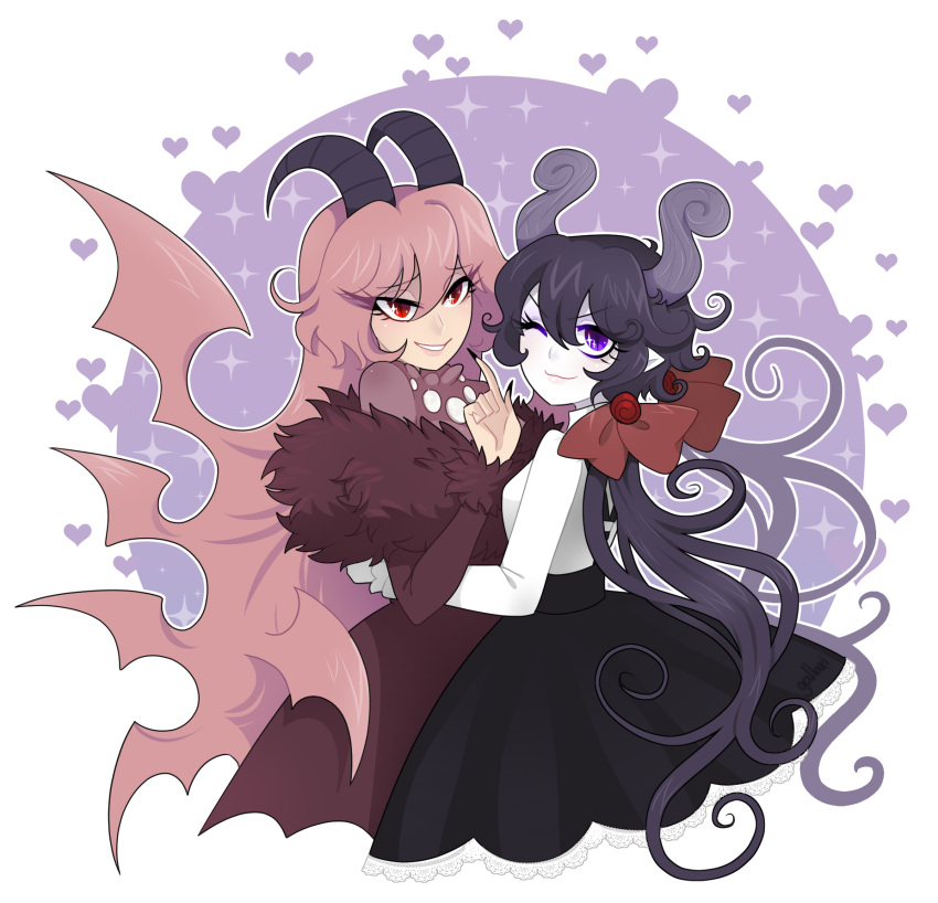 2girls, bat_wings, black_dress, black_hair, breasts, demon_girl, demon_horns, demon_wings