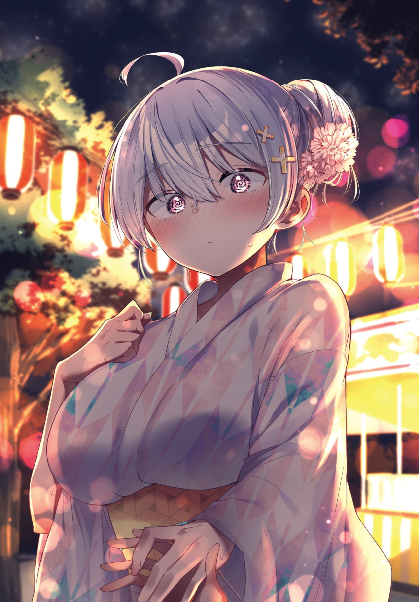 1girl, @_@, ahoge, backlighting, blush, breasts, closed_mouth, commentary_request